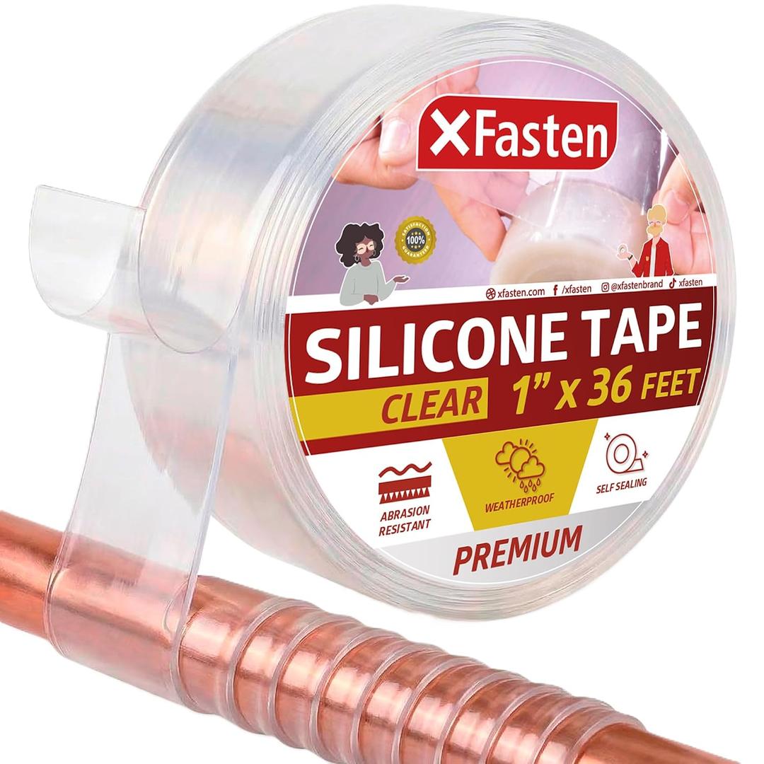 XFasten Self Fusing Silicone Tape Waterproof Clear 1" x 36 Feet, Self Amalgamating Tape, Silicone Rubber for Plumbing, Sealing Pipes, Hose Repair, Outdoor Coax and Electrical Cables Weatherproof