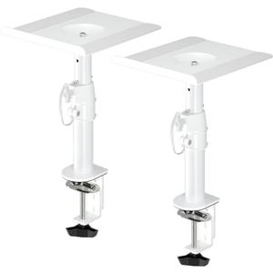 suptek Clamp-on Speaker Stand Desk Mount Set, Height Adjustment, Tilt, Swivel, 9.6 x 8.8 inch Trays, Universal Audio Holders for Computer and Bookshelf Speakers, Elevated Sound, 2 Pack, White, SDM001W