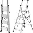 HBtower 4 Step Ladder, Lightweight Aluminum Ladders for Home with Tool Tray, Anti-Slip Folding Step Stool for Adults, Sturdy Portable 330LBS Capacity