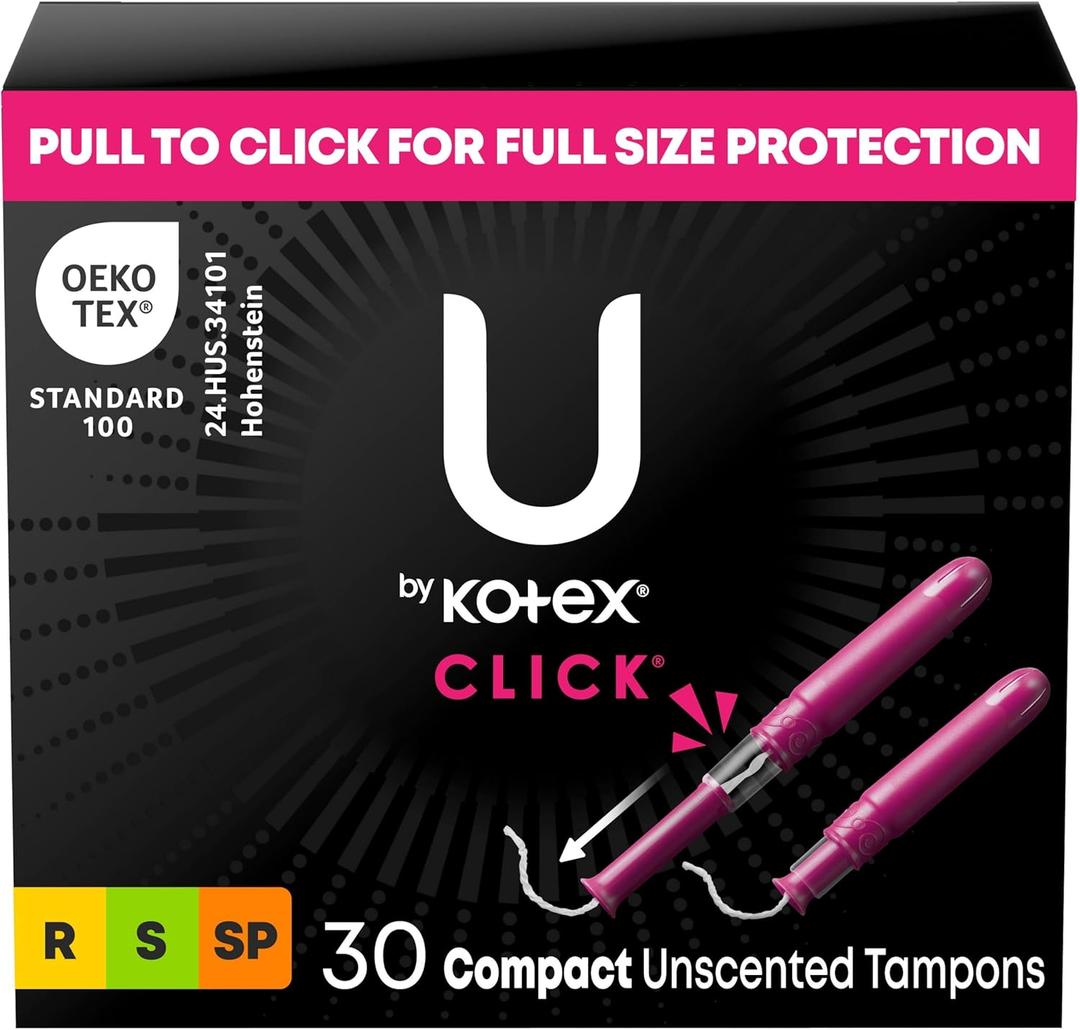 U by Kotex Click Multipack Tampons, Compact, Regular/Super/Super Plus Absorbency, Unscented, 180 Count (6 Packs of 30) (Packaging May Vary) U by Kotex Click Multipack Tampons, Compact, Regular/Super/Super Plus Absorbency, Unscented, 180 Count (6 Packs of 30) (Packaging May Vary)