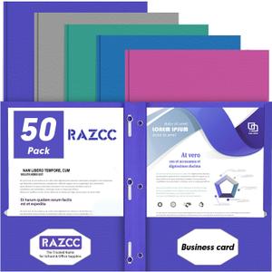 Two Pocket Folders, RAZCC 50 Pack Two Pocket with Prongs, 3 Prong Pocket Folders Letter Size, Paper Folders with Prongs for School Office Home Business, Assorted 5 Colors
