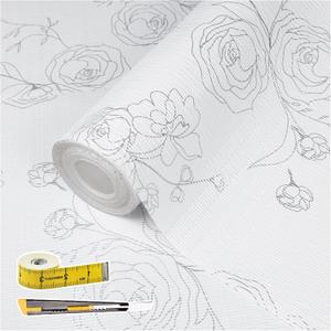 Shelf Liners for Kitchen Cabinets 17in x 20FT Non Adhesive Drawer Liner Sliver Floral Thickened Shelf Liner Paper Strong Non-Slip Easy to Clean for Tool Box Refrigerator with Knife and Tape Measure, 17.3"W x 236.2"L