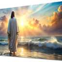 Large Jesus Canvas Wall Art Jesus Walking on Water Wall Decor for Living Room Office Inspirational Christian Picture Prints Sunset Ocean Coastal Painting Religious Poster Artwork Decorations 24x48”