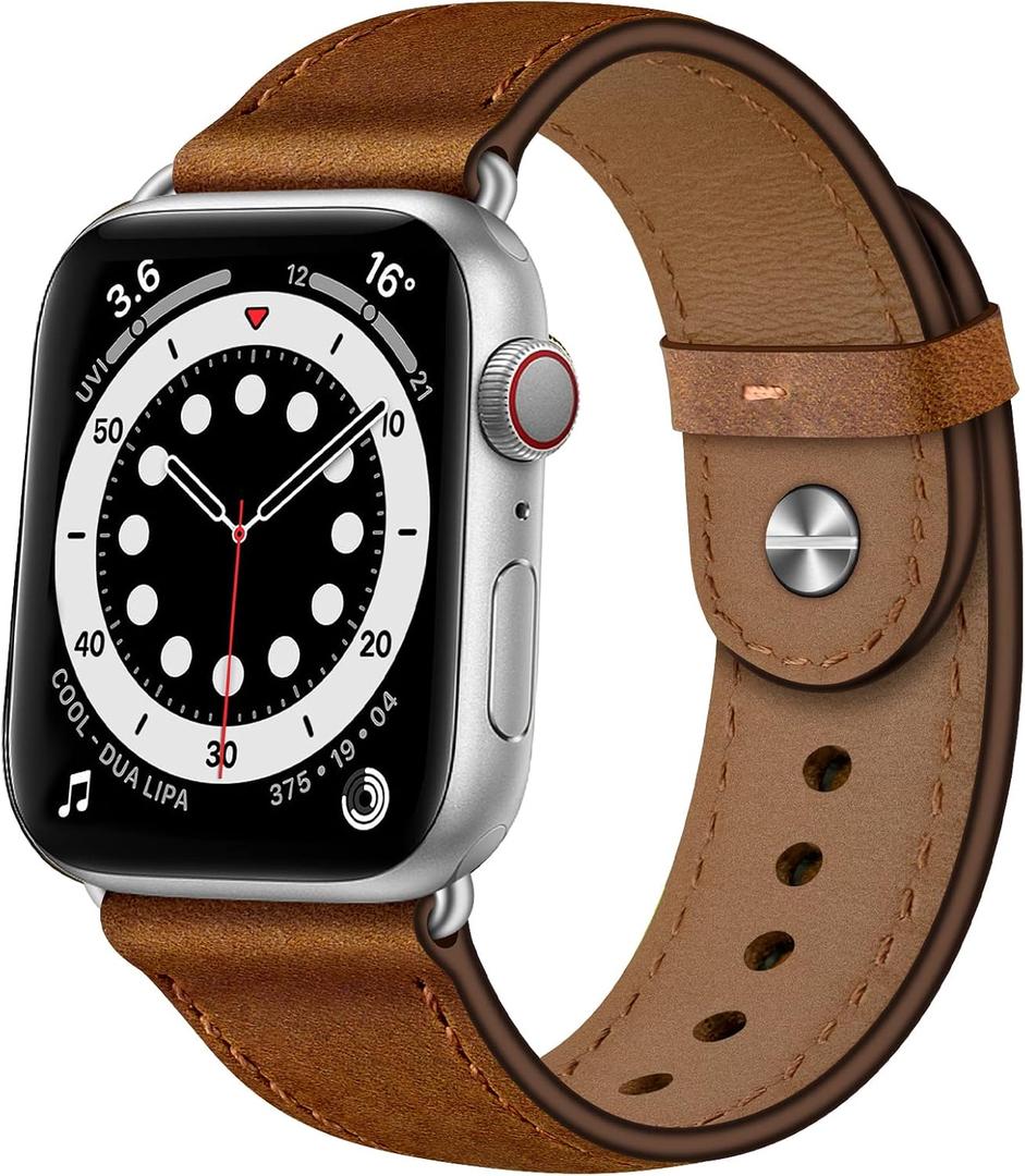OUHENG Leather Bands Compatible with Apple Watch Band 49mm/46mm/45mm/44mm/42mm, Genuine Leather Strap for iWatch Ultra 3/2/1 & SE 3/2/1 Series 11 10 9 8 7 6 5 4 3 2 1 (Retro Brown/Silver)