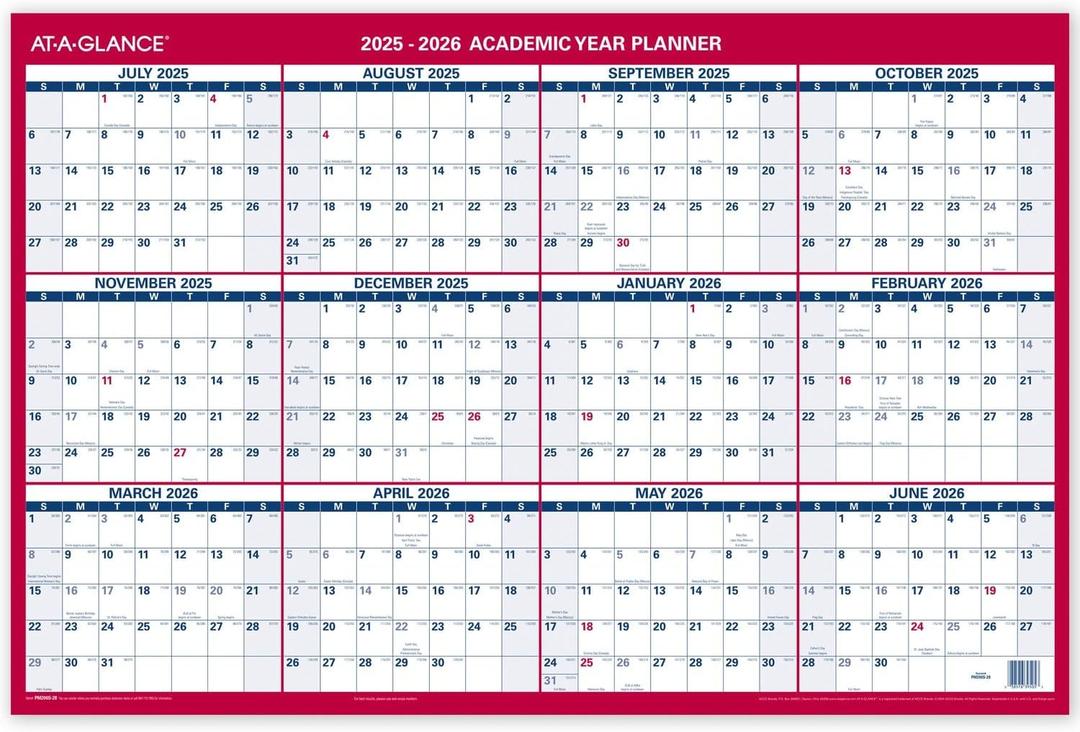 AT-A-GLANCE Erasable Calendar 2025-2026, Dry Erase Wall Planner, 36" x 24", Large, Academic & Regular Year, Double Sided, Horizontal (PM200S28), Laminated Paper, White