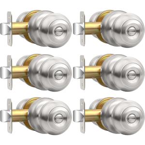 Privacy Door Knob, Brushed Nickel Door Knobs Interior Keyless Locks Set(6 Pack), Bedroom Bathroom Door Knob with Lock, Reversible for Left/Right Door Handle