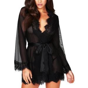 RSLOVE Women Lace Kimono Robe Sexy Babydoll Lingerie Mesh Cover Up Bridal Lingerie (Large, Black)