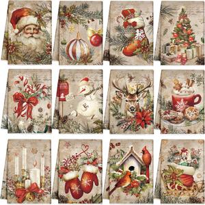 VitalCozy 12 Pcs Christmas Kitchen Towels and Dishcloths Retro Christmas Tree Reindeer Santa Claus Cardinal Snowman Hand Tea Towels Decor for Xmas Home Housewarming Gift Supplies, 14.2 x 21.3 Inch