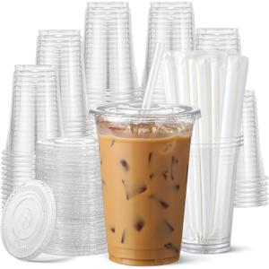 AOZITA 100 Pack 20 oz Disposable Plastic Cups with Lids and Straws, Clear Iced Coffee Cups for Cold Beverages, Smoothies, Iced Coffee, Leak-Proof, BPA-Free