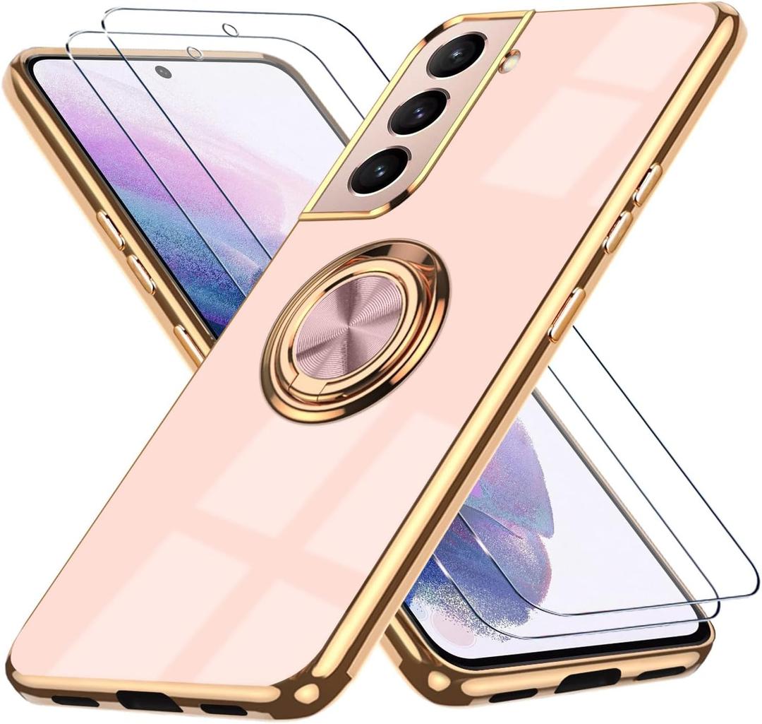 for Samsung Galaxy S21 Plus 5G Case, with 2 Screen Protector, Built-in 360 Ring Holder Magnetic Stand, Luxury Electroplated Plating Edge Shockproof Protective Phone Cover, Rose Gold