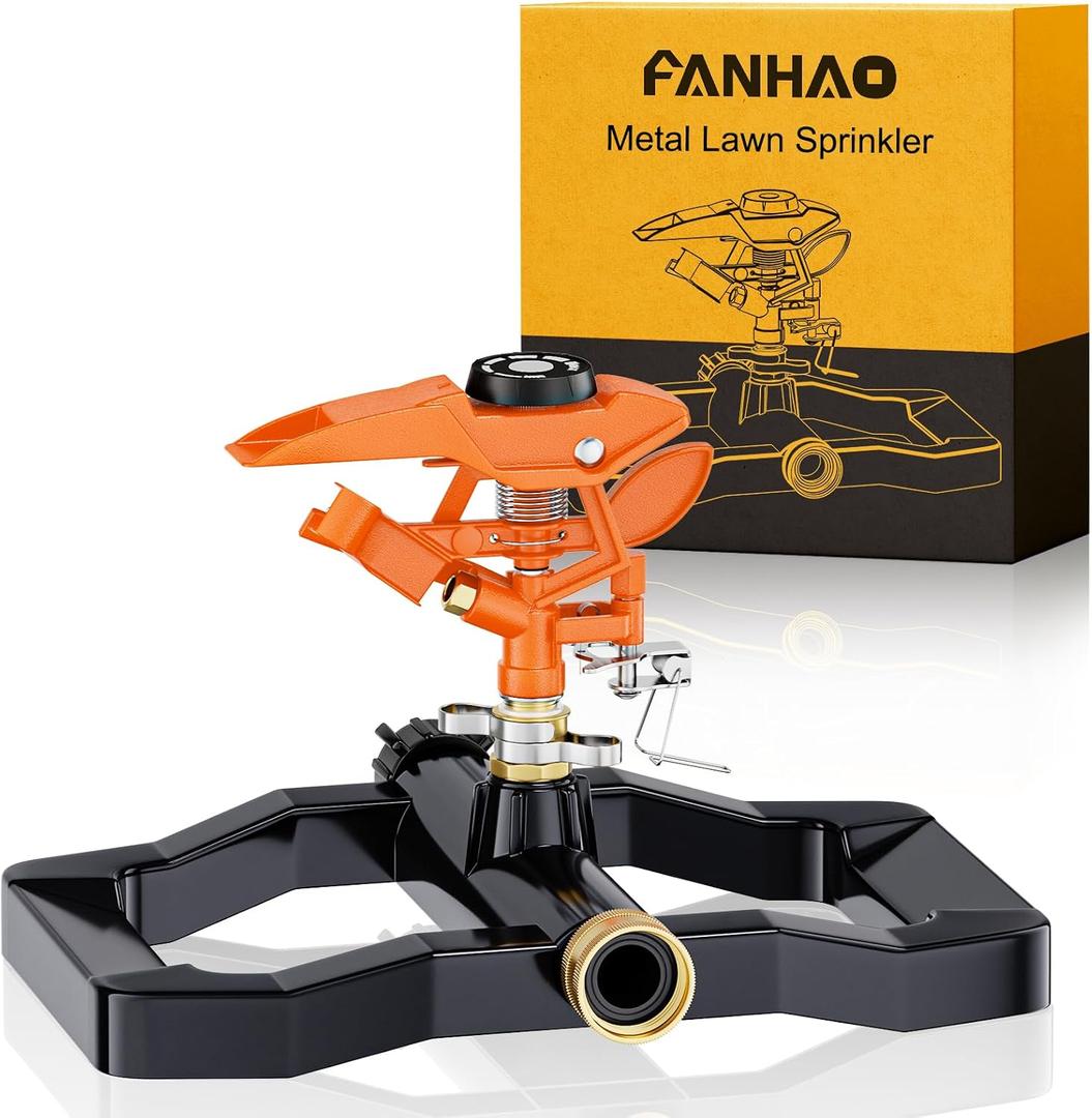 FANHAO Heavy Duty Pulsating Impact Sprinkler for Yard, 360 Degree Rotating Lawn Sprinklers with All Metal Base, Adjustable Large Area Irrigation Sprinkle for Garden, Covers Up to 5,800 Sq. Ft