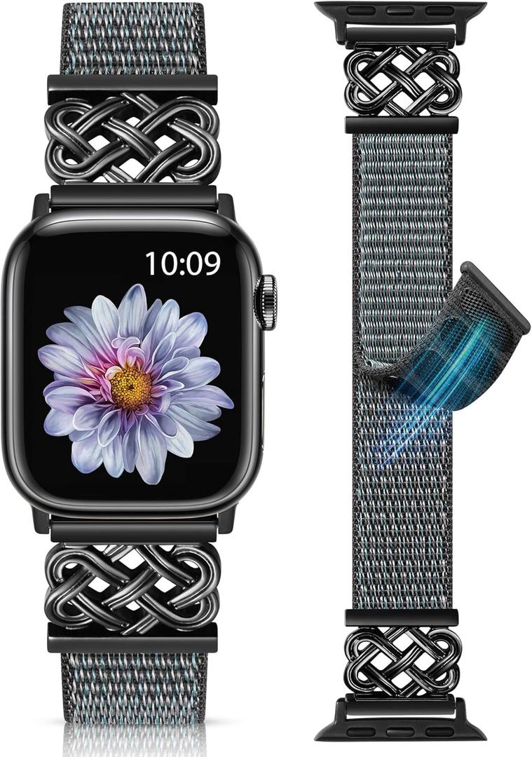Minyee Nylon Loop Band Compatible with Apple Watch Bands, Women, Men, Celtic Knot Dressy Adjustable Breathable Braided Straps for iWatch, Size: 38/40/41/42mm(Series 11/10) (Storm Cloud Gray/Black)