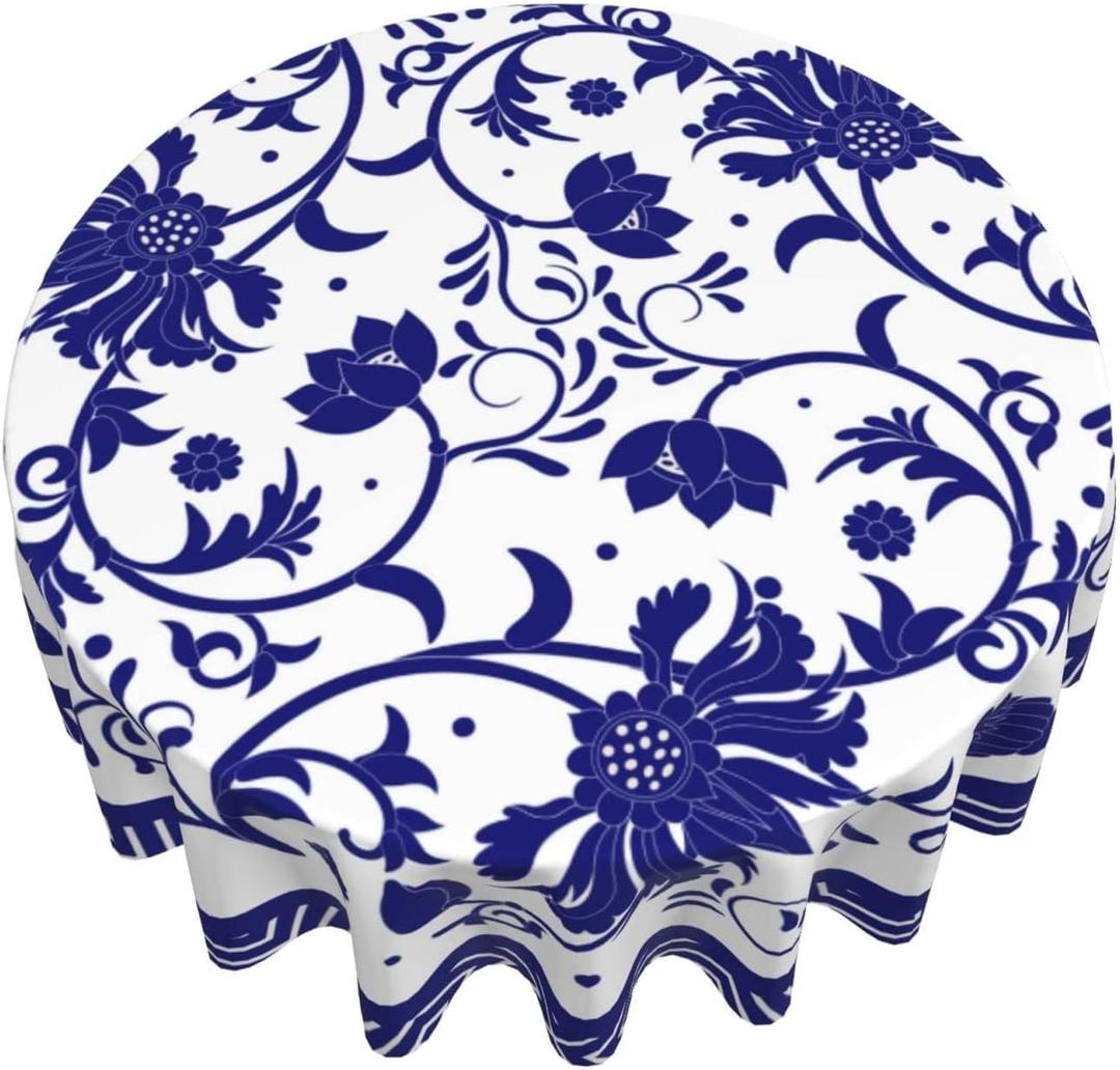 Blue and White Porcelain Paint Round Tablecloth Flower Table Cover Washable Tablecloths for Kitchen Dining Party Home Decor 60 inch