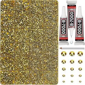 31000Pcs Metallic Gold Rhinestones for Bedazzling, Bedazzler Kit with Flatback Rhinestones for Clothes Crafting Crafts Nails, 2,3,4,5,6mm Flat Back Resin Crystal Bedazzling Kit with B 7000 Glue Clear