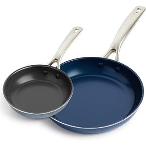 Blue Diamond 8” & 10" Nonstick Frying Pan Skillet Set, Diamond Infused PFAS & PTFE-Free Ceramic Pots & Pans, Dishwasher & Oven Safe, Stay Cool Handles, Non Toxic Metal Utensil Safe, Blue & Grey