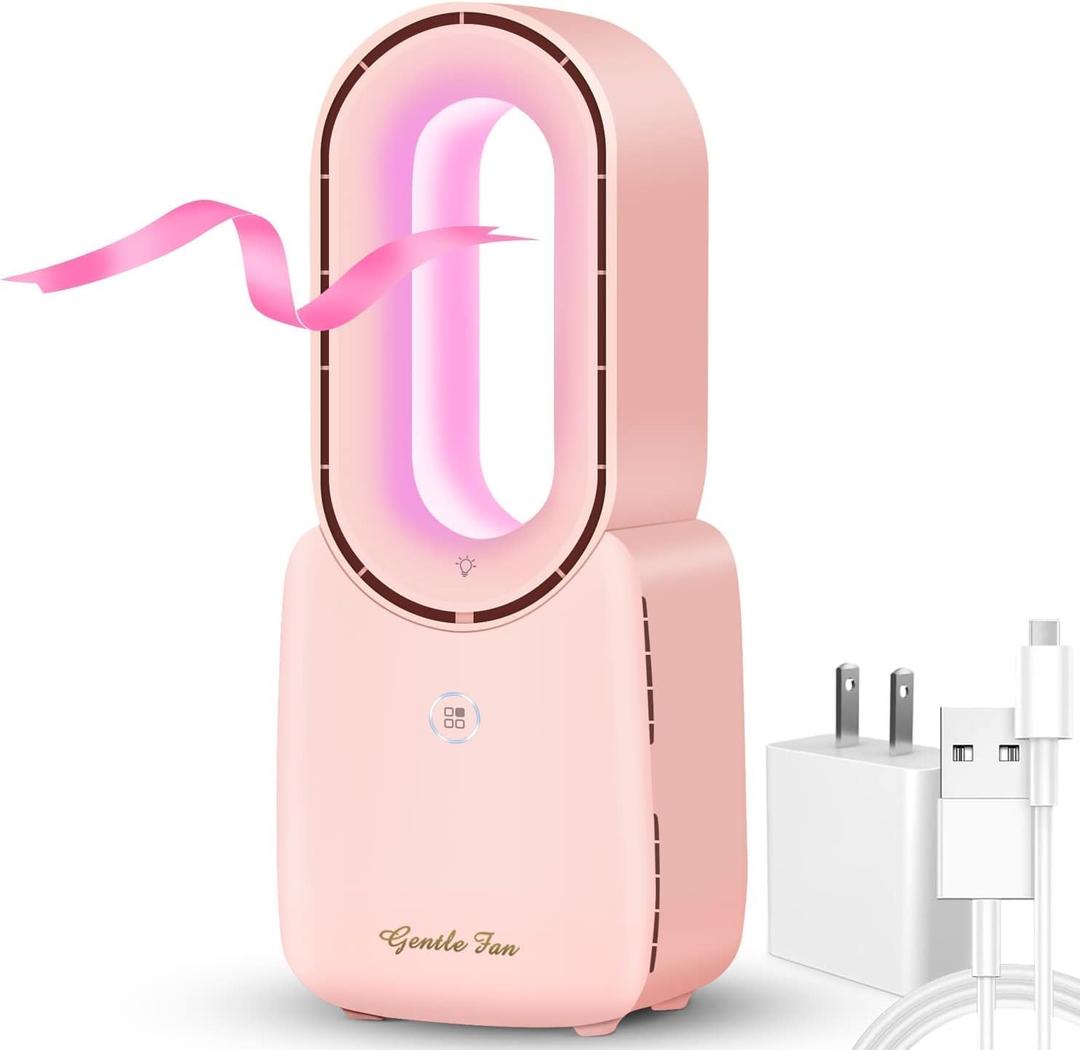 let'me Desk Fan, 11.8 Inch Bladeless Fan Mini Office Fan 4 Speeds with 5-Colors Ambient Light, USB Table Fan Small Quiet for Home, Bedroom,Dorm (Pink)