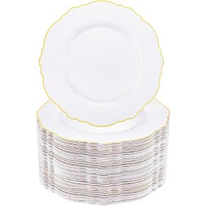 WDF 60pcs Gold Plastic Dinner Plates -10.25inch Baroque White and Gold Plates Fancy Plastic Plates for Upscale Party/Wedding/Birthday/Graduation Party