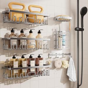 Veken Shower Caddy 6-Pack, Advanced Rustproof Design, No Drilling Adhesive Shelves, Rack with Soap Holder, Large Capacity Bathroom Organizers and Storage, Wall-Mounted Kitchen & Home Decor, Silver