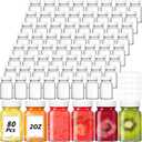 80 Pack 2 oz Glass Shot Bottles with White Lids Small Clear Glass Jar for Ginger Shot Mini Juice Bottle Reusable Wide Mouth Travel Cup Leakage-Proof with Labels for Wellness Juice Milk Potion Liquids