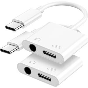 USB C to 3.5mm Headphone and Charger Adapter, 2-Pack Type C to Aux Jack Dongle Cable Cord with PD Fast Charging for iPhone 15/16/17 Pro/Max/Plus, iPad, Samsung Galaxy S22/S23/S24 Ultra (White)