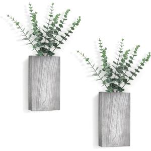 Dahey 2 Pack Wood Wall Planter Vase with Artificial Eucalyptus Farmhouse Wall Hanging Decor Pocket Planter for Indoor Fake Plants Greenery, Living Room Bedroom Kitchen Home Office Decoration, Grey (Medium, Gray)