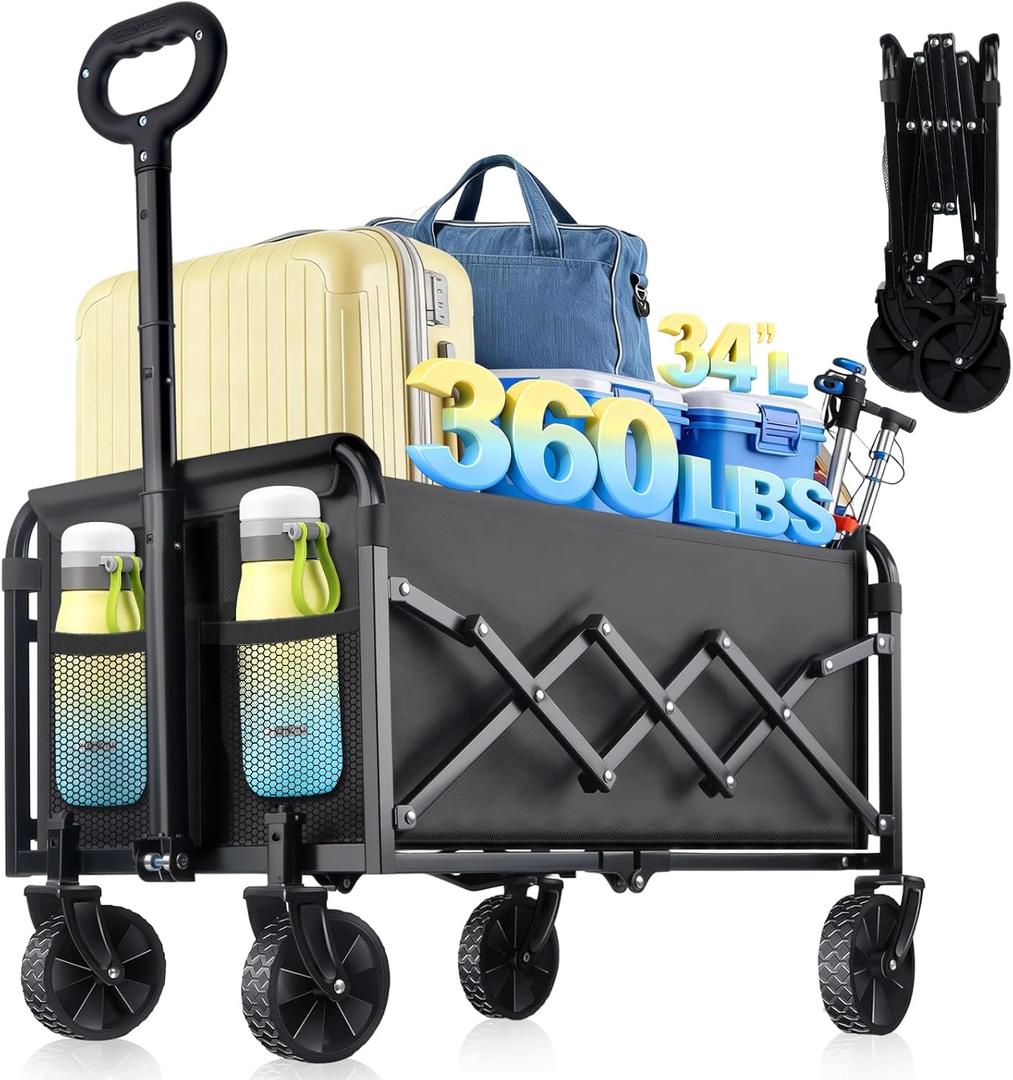 Collapsible Wagon Cart with Wheels Foldable - Lightweight 360LBS Heavy Duty Folding Utility Portable Beach Wagon with All-Terrain Wheels for Groceries Shopping Garden Sports Camping