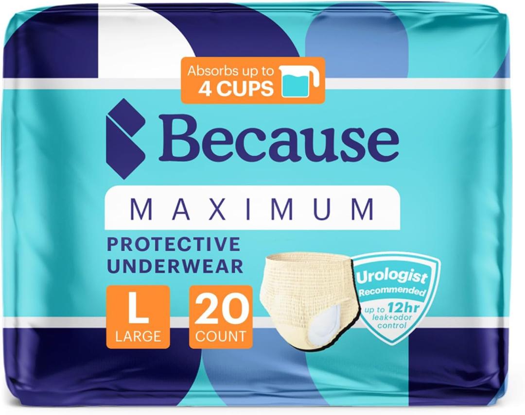 Because Premium Maximum Plus Adult Incontinence and Postpartum Bladder Leak Underwear for Women, Maximum Absorbency, Disposable, Beige, Large, 40 Count (2 Packs of 20)