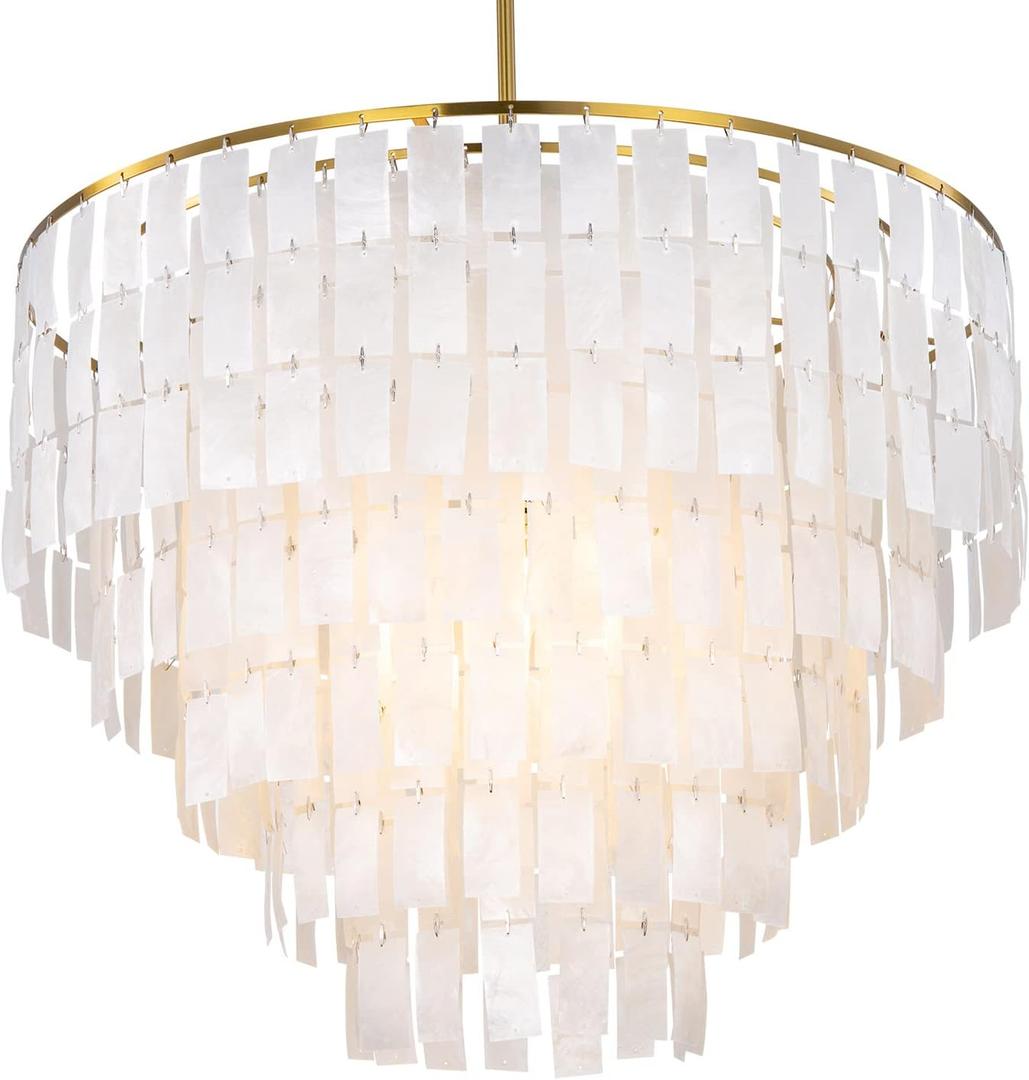 TOCHIC Capiz Shell Chandelier, 6-Light Chandeliers for Dining Room, Gold Coastal Chandelier with Natural Shells, Round Boho Light Fixtures for Bedroom, Living Room, Kitchen and Foyer, W-23.62"