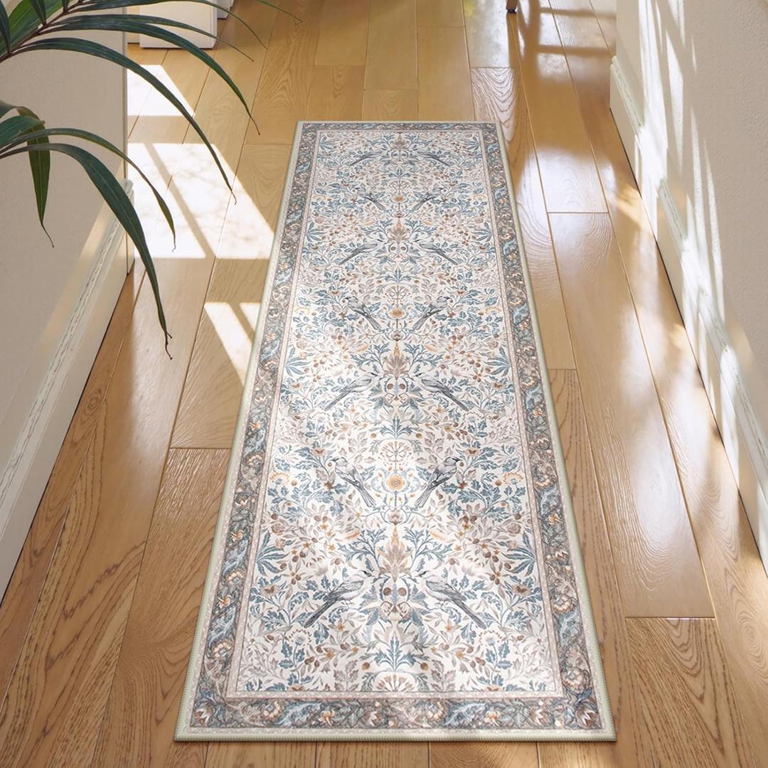 Morebes Boho Floral Birds 2x6 Kitchen Runner Rugs Non Skid Washable, Flower Rug Runners for Hallways Non Slip, Soft Botanical Indoor Throw Carpet for Entry Bedroom Laundry Room, Beige