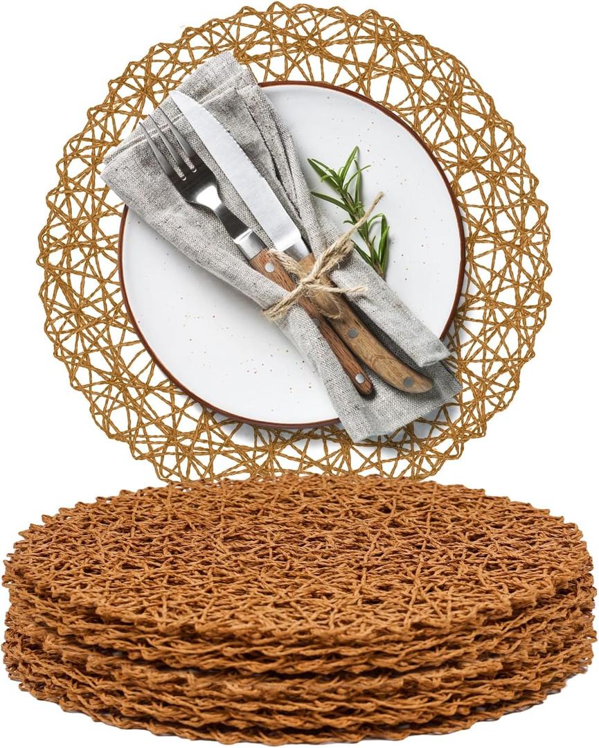 AHHFSMEI Paper Braided Round Placemats Set of 12 Natural Non-Slip Heat Resistant Table Mats for Dining Tables Woven Indoor & Outdoor Place mats(Brown, 12)