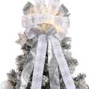 Zeyune Christmas Tree Topper 12 x 45 Inches Large Christmas Bows LED Lights Glitter Satin Mesh Streamer Snowflake Ribbon Decorative Bows for Xmas Tree Decorations Gifts(Silver-White)
