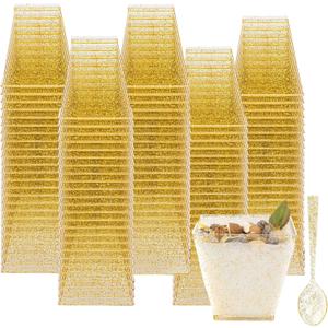 Tebery 100 Pack 8oz Gold Glitter Medium Plastic Dessert Cups With 100 Spoons Square Dessert Bowls for Tasting Party Desserts Appetizers