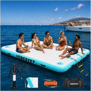 Inflatable Floating Dock Platform with Soft Ladder | 6-inch reinforced PVC dock with soft ladder, pump and repair kit; stable for lake, ocean, swimming, fishing and pets