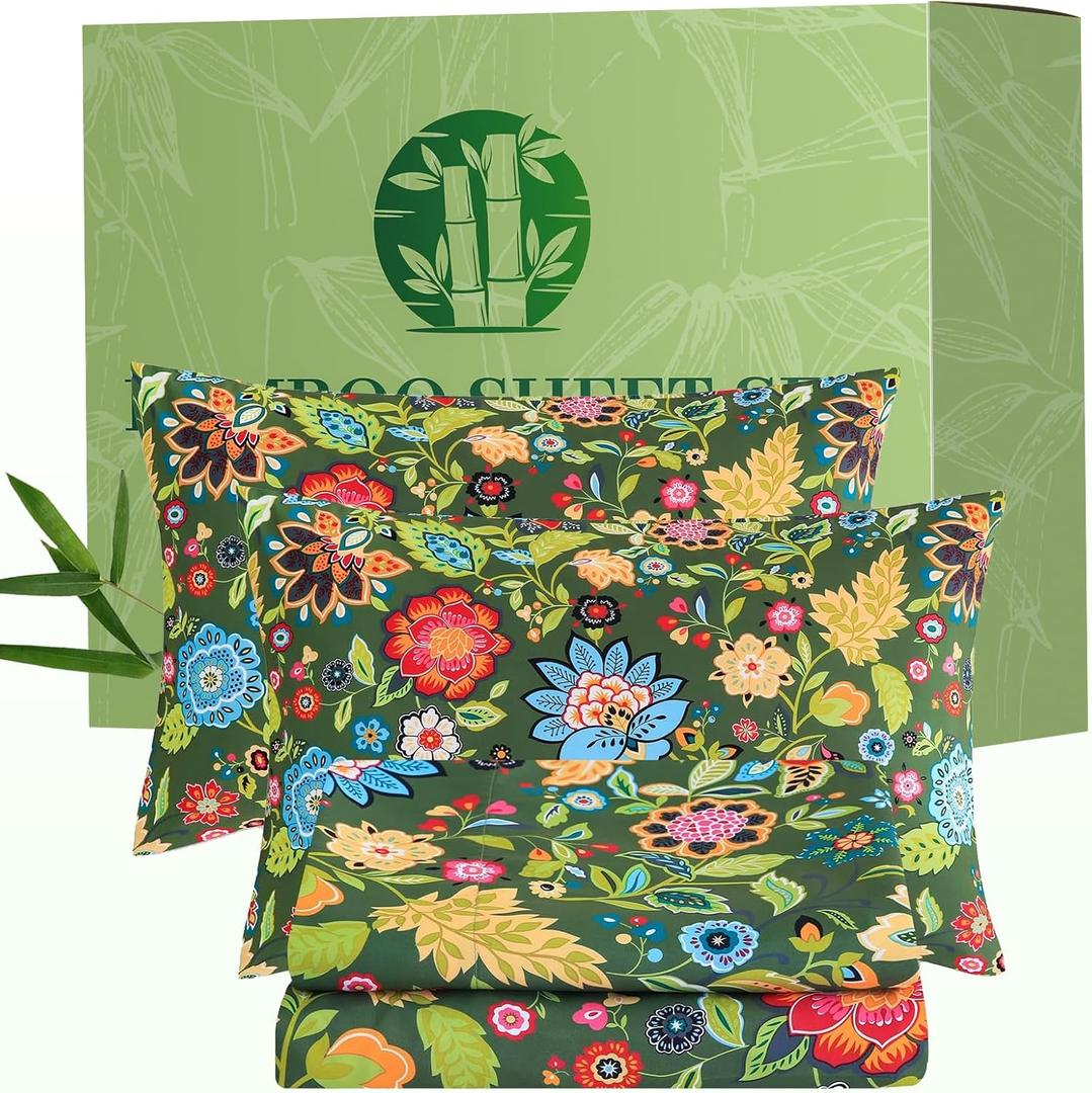 Bedlifes King Floral 4-Piece Sheet Set - Cooling Sheets Blend Rayon Derived from Bamboo,Soft & Breathable, Deep Pocket 16", Wrinkle Resistant - Vibrant Boho Floral Dark Green