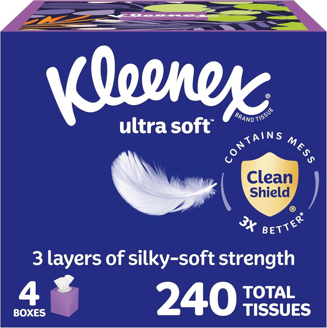 Kleenex Ultra Soft Facial Tissues, 4 Cube Boxes, 60 Tissues per Box, 3-Ply (240 Total), Packaging May Vary (White)
