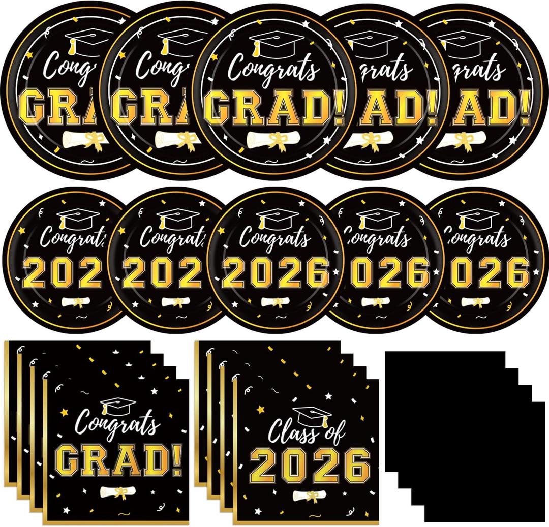 Graduation Decorations 2026 Class of 2026 Congrats Grad Disposable Paper Plates Luncheon Napkins Cocktail Napkins Black Gold Graduation Party Supplies Serve 50