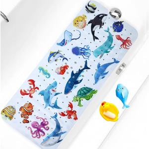 Baby Bath Mat for Tub Non Slip Kids Bathtub Mat Extra Long 40X16 Inch Toddler Bath Tub Shower Mat Anti Slip with Suction Cups & Drain Holes, Machine Washable (Ocean Animals)