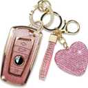 Key Fob Cover with Diamond Keychain, Car Key Shell for Women, Compatible with BMW X1 X3 X4 X5 X6 1 2 4 5 6 7 M3 M5 M6 GT3 GT5 G30 F10 F15 F16 F20 Protector (3 Buttons-Pink Heart)