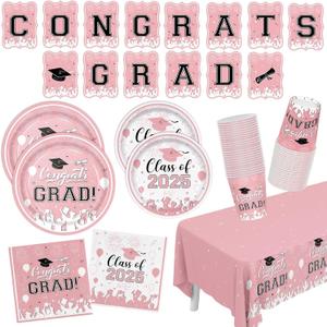 Pink Graduation Decorations 2025 Tableware 102Pcs Graduation Party Decorations Set Include Gongrats Grad Banner Plates Napkins Forks Cups and Waterproof Tablecloth for Class of 2025 Decor