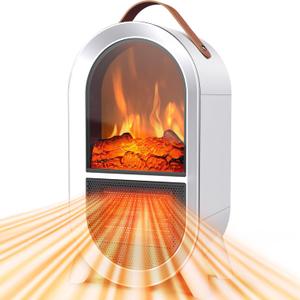 Small Space Heater for Indoor Use, 1500W/750W Portable Electric Fireplace with 3D Flame, Ceramic Heater Fan with Thermostat Overheat & Tipover Protection for Home Office Room Desk, White