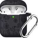 Lerobo for AirPod Case 2nd 1st Generation Case Cover, Flower Engraved Full Protective Case Compatible with Apple AirPod Charging Case with Keychain Soft Silicone Pattern Front LED Visible, Black