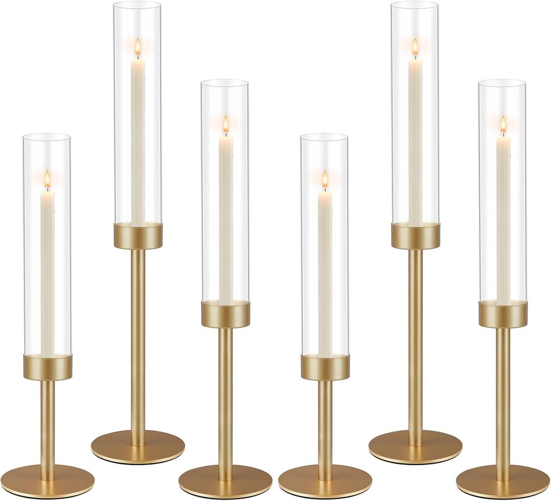 6Pcs Hurricane Glass Candle Holders Gold Candlestick Holders Taper Candle Holder with 9.8" Windproof Clear Cylinder Covers for Outdoor Indoor Tall Candle Stick Holder Decor for Wedding Party Fireplace