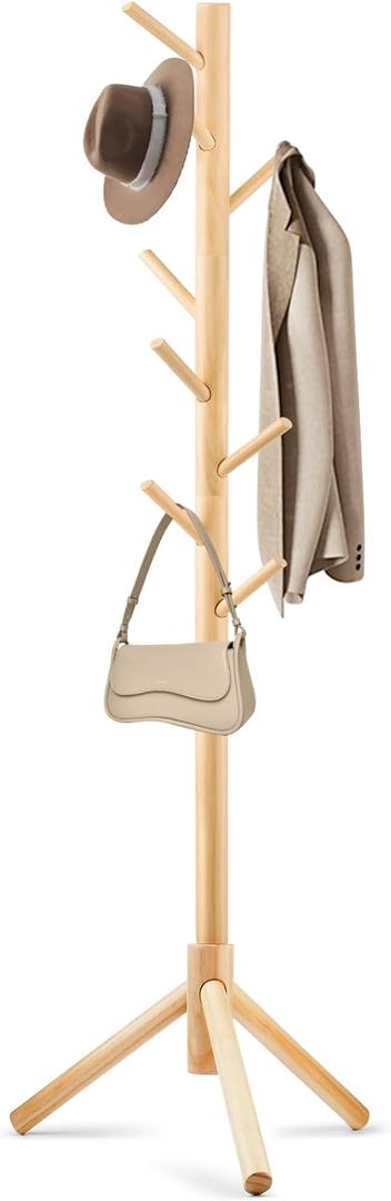 Coat Rack, Freestanding Coat Rack with 8 Hooks and 3 Adjustable Size Tree Coat Racks for Bedroom, Hallway, Entrance, Office, for Hats, Coats, Scarves, Handbags (1 PC, Natural)