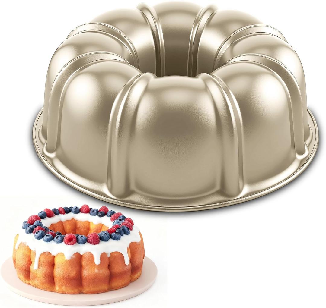 Shinsin Bundt Cake Pan, 10-Inch Nonstick Round Fluted Tube Cake Baking Pan, Buntz Pound Cake Mold, Tube Bakeware, Baking Mold for Jello/ Gelatin/ Chocoflan/ Flan, Non Toxic, Easy Clean - Gold