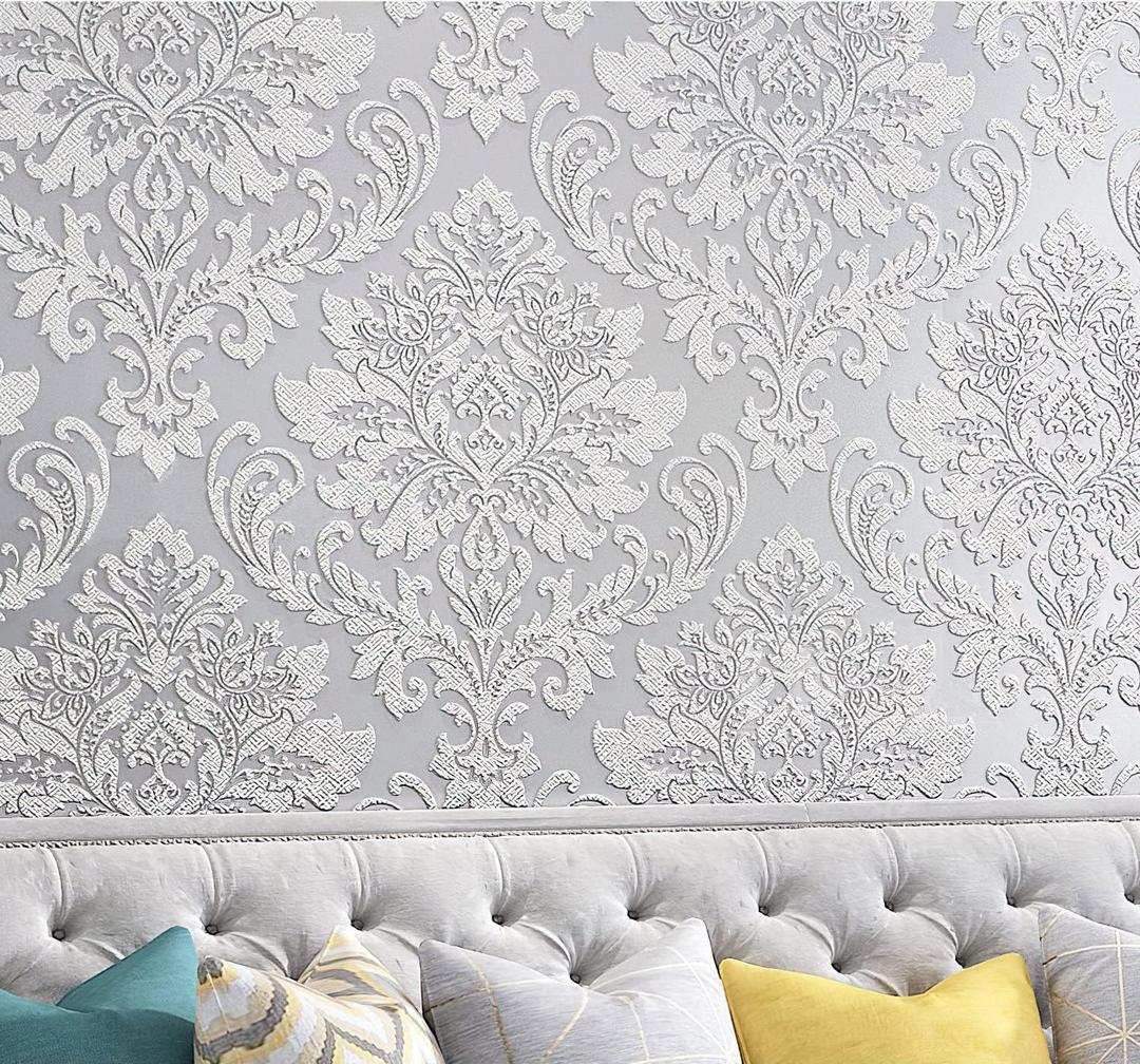 yaretzy Peel and Stick Wallpaper 3D Silver Grey Floral Modern Damask Removable Wallpaper Bedroom Embossed Sticky Self Adhesive 20.8inch x 119inch
