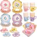 96 Piece Floral Paper Tea Cups and Saucers 9 Oz Teacup with Handle 9 Inch and 7 Inch Paper Plate Napkin Disposable Tea Party Supplies Serve 24 for Wedding Birthday, Pink, Blue, Yellow, Purple