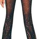 Women's Rave Sheer Mesh Sparkly Pants Bell Bottom Rave Outfit Clothes for Festival Dance Clubwear L