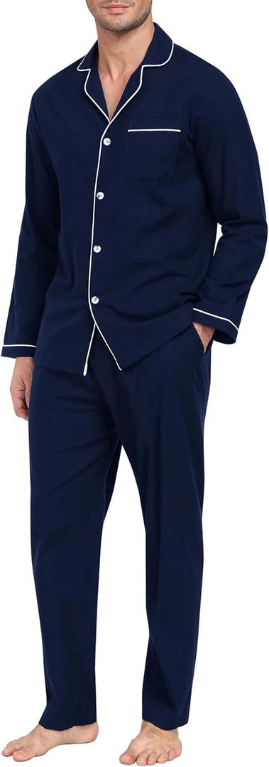 MoFiz Men's Cotton Pajamas Sets Sleepwear Long Sleeve Button Down Loungewear with Pants Soft Pjs Lounge Set with Pockets (3X-Large, Navy Blue)