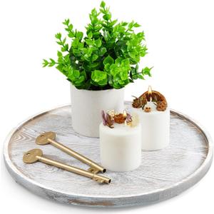12 Inch Wood Round Tray, White Washed Wooden Decorative Serving Coffee Table Tray Centerpiece Candle Holder for Farmhouse Kitchen Dining Room Home Decor Coffee Table Decor and Accessories