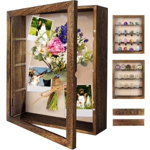Shadow Box Frame 11x14, Deep Shadow Box Display Case with Linen Back and Removable Shelves, Wooden Memory Box for Wedding Bouquet, Photos, Medals, Keepsakes (Brown)